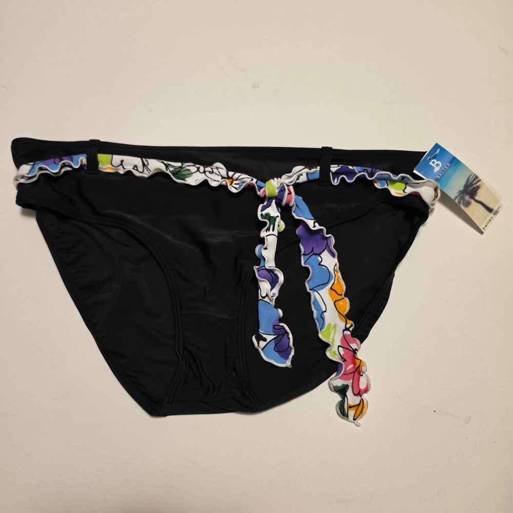 Baltex Floral Ruffle Trim Bikini Bottom Swimwear Black Multi Color Size 12